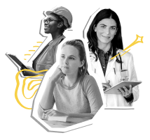 A collage of three people posing as an engineer with a hard hat, a chef in a kitchen, and a doctor in a lab coat.