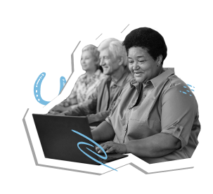 woman on a laptop with people in the background