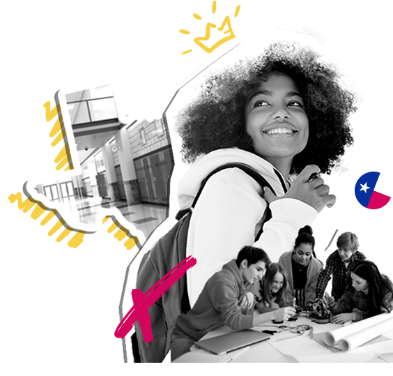 A collage of a girl with a backpack looking up, a school hallway, and a group of people working at a desk.